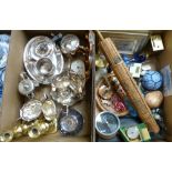 A box of miscellaneous collectables including parasol, carriage clock, glass and ceramic bird