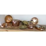 Copper and brass ware including two warming pans, bellows, frying pans, kettle, saucepan with lid,