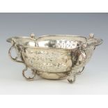 A Victorian pierced silver lobed bowl with scroll legs London 1896, 19cm, 385 grams