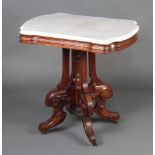 A Victorian carved walnut pedestal table with shaped white veined marble top raised on turned column