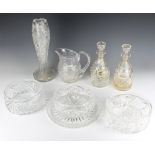 A cut glass fruit bowl 20cm and 2 others 19cm, a circular tray 25cm, pair of decanters and vase