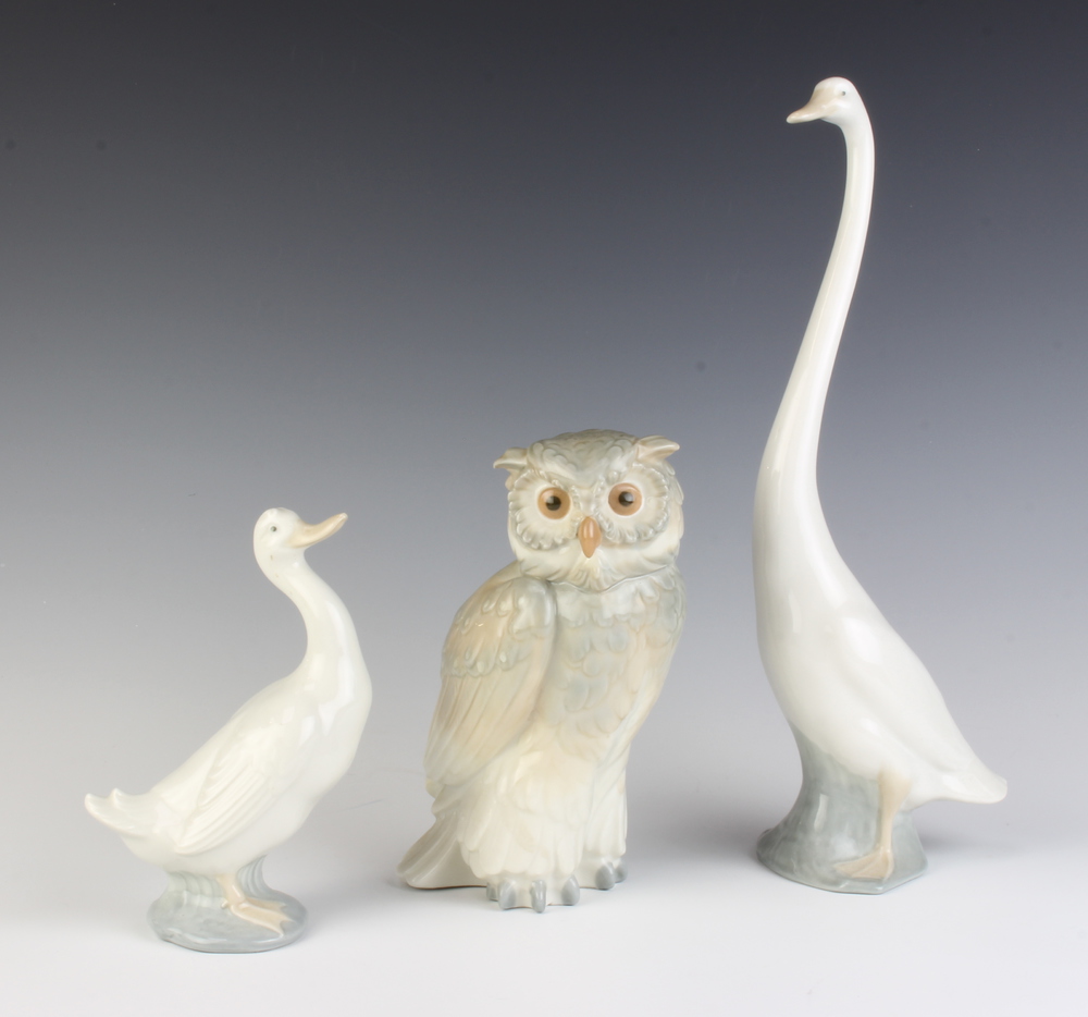 A Nao figure of a goose 30cm, a ditto 15cm and an owl 17cm