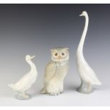 A Nao figure of a goose 30cm, a ditto 15cm and an owl 17cm