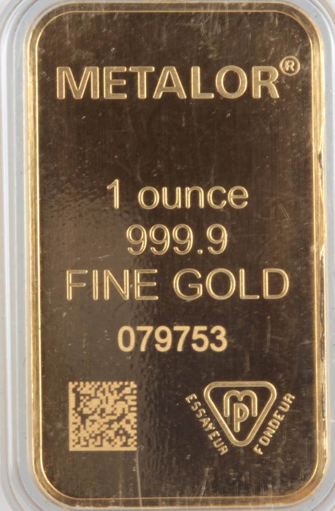 A 1 ounce Ingot of 999.9 fine gold by Metalor no.079753