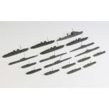 Eighteen miniature Great War WW1 models of warships and support craft