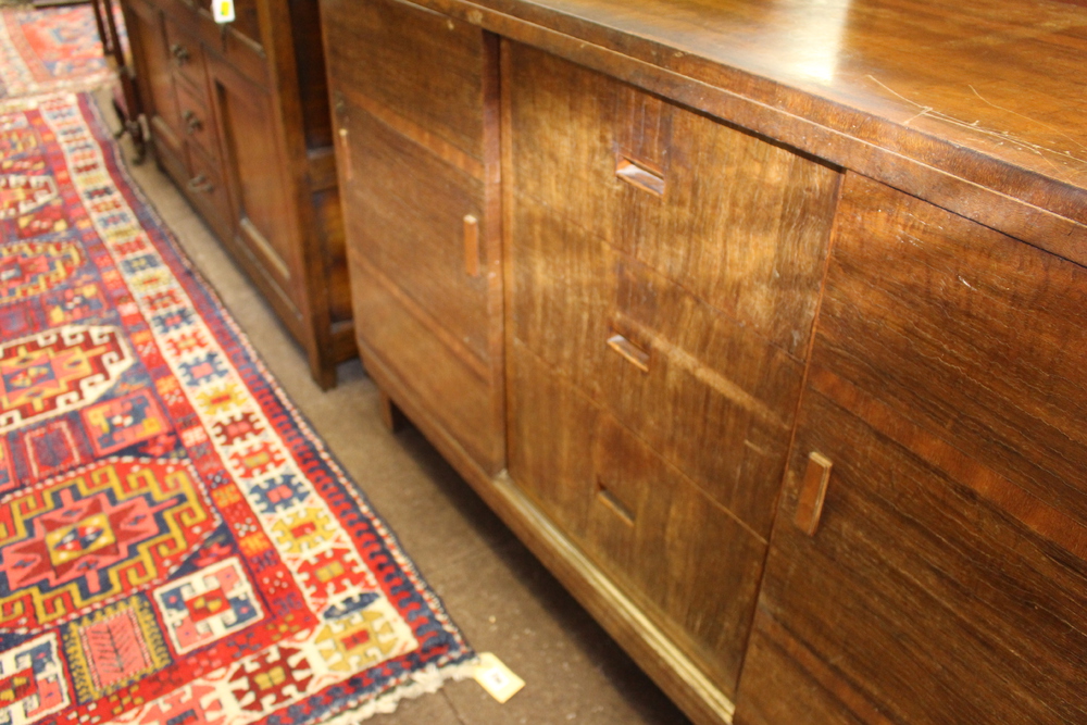 A Heals White Spot Art Deco D shaped mahogany sideboard fitted 3 long drawers flanked by a pair of - Image 3 of 4