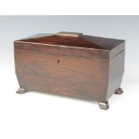 A Victorian rosewood twin compartment tea caddy of sarcophagus form raised on bracket feet 17cm x