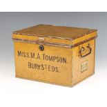 A 19th Century painted metal twin handled deed box marked Miss M A Tompson Bury St Eds (no key) 20cm