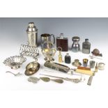 A silver plated cocktail shaker, a 7 bar toast rack and minor plated items
