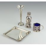 A sterling silver repousse pepper 9cm, a posy vase, a mustard holder and tray, 130 grams of