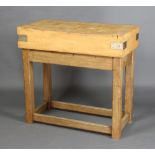 A rectangular butcher's block raised on a pine stand 95cm h x 100cm w x 50cm d