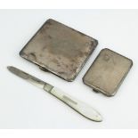 A silver engine turned cigarette case Birmingham 1934, a ditto matchbook holder and a fruit knife