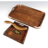 A 1930's Art Deco twin handled tea tray with copper mounts 5cm x 41cm x 27cm together with an oak