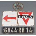 An enamelled YMCA sign 25cm x 50cm (some corrosion), a Victory Opera Desserts tin lid 17cm x 18cm