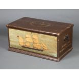 A Victorian painted pine trunk with hinged, the top painted the Barque May, the front decorated a
