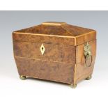 A Georgian burr walnut twin section tea caddy of sarcophagus form, hinged lid and ring drop handles,
