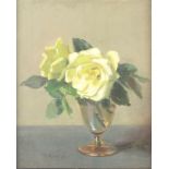 Nora H Cullen '33, oil on board, still life study of a vase of yellow roses, signed 24cm x 19cm