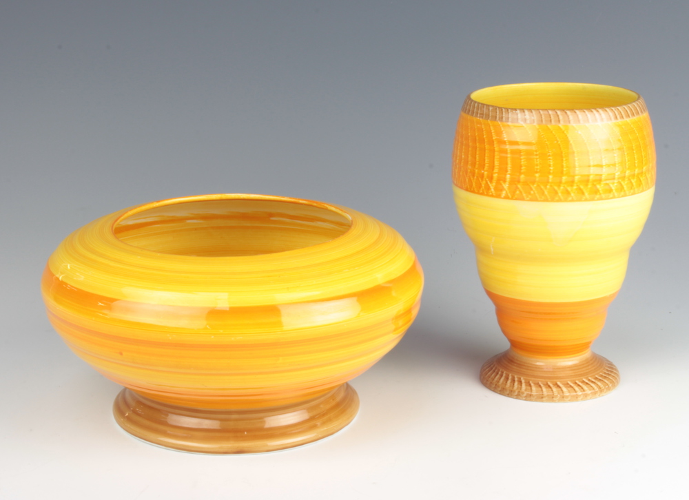 An Art Deco Shelley tapered vase with broad bands of yellow and orange decoration 15cm, a ditto