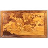 An early 20th Century parquetry panel of a lioness and cub 36cm x 68cm