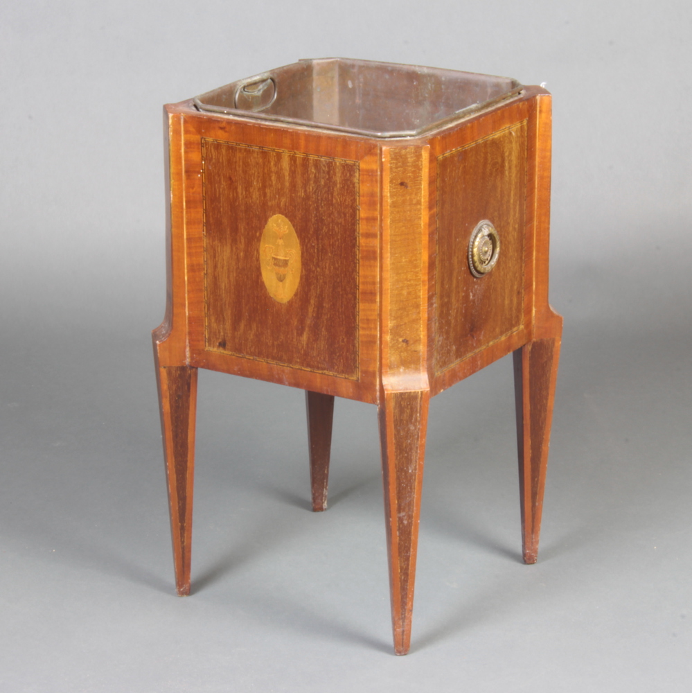 An Edwardian square inlaid mahogany planter decorated a lidded urn, raised on squared supports