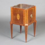 An Edwardian square inlaid mahogany planter decorated a lidded urn, raised on squared supports