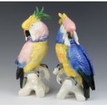 A pair of Karl Ens figures of parakeets on rocky bases 34cm