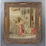 A Victorian woolwork embroidery of a biblical scene with figures before a building 54cm x 45cm