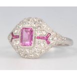 A platinum Art Deco style pink sapphire and diamond ring, size M 1/2