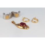 A pair of 15ct yellow gold and silver earrings, a pair of 9ct ditto and a pendant