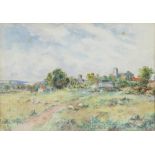20th Century watercolour, monogrammed, country study with sheep before buildings 13cm x 18cm