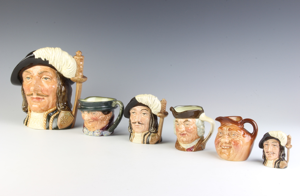 Six Royal Doulton character jugs - Athos D6439 19cm, ditto D6349 10cm, another D6509 7cm, Tony