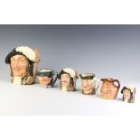 Six Royal Doulton character jugs - Athos D6439 19cm, ditto D6349 10cm, another D6509 7cm, Tony