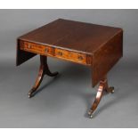 A 19th Century sofa table fitted 2 drawers with ring drop handles and high stretcher, raised on