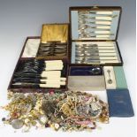 Three silver plated cased sets and minor costume jewellery