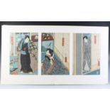 Utagawa Kunisada (1823 - 1880) woodblock prints, triptych, scene from the Kabuki Drama, each 35cm by