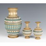 A Doulton Lambeth silicon oviform vase with geometric decoration 20cm, a pair of smaller ditto 11cm