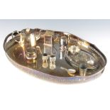 An Edwardian silver plated over 2 handled galleried tray 60cm and minor plated items