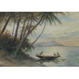 Arthur Trevor Haddon (1864-1941), watercolour signed, figures in a dugout boat on an island shore