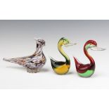 An End of Day glass figure of a bird 21cm and 2 Studio glass figures of ducks 14cm