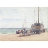 F B Tighe (1885-1926), watercolour unsigned, moored fishing boats on a beach 24cm x 34cm