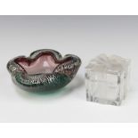 A Tiffany and Co glass box in the form of a wrapped gift 8cm and a Murano glass freeform dish 17cm