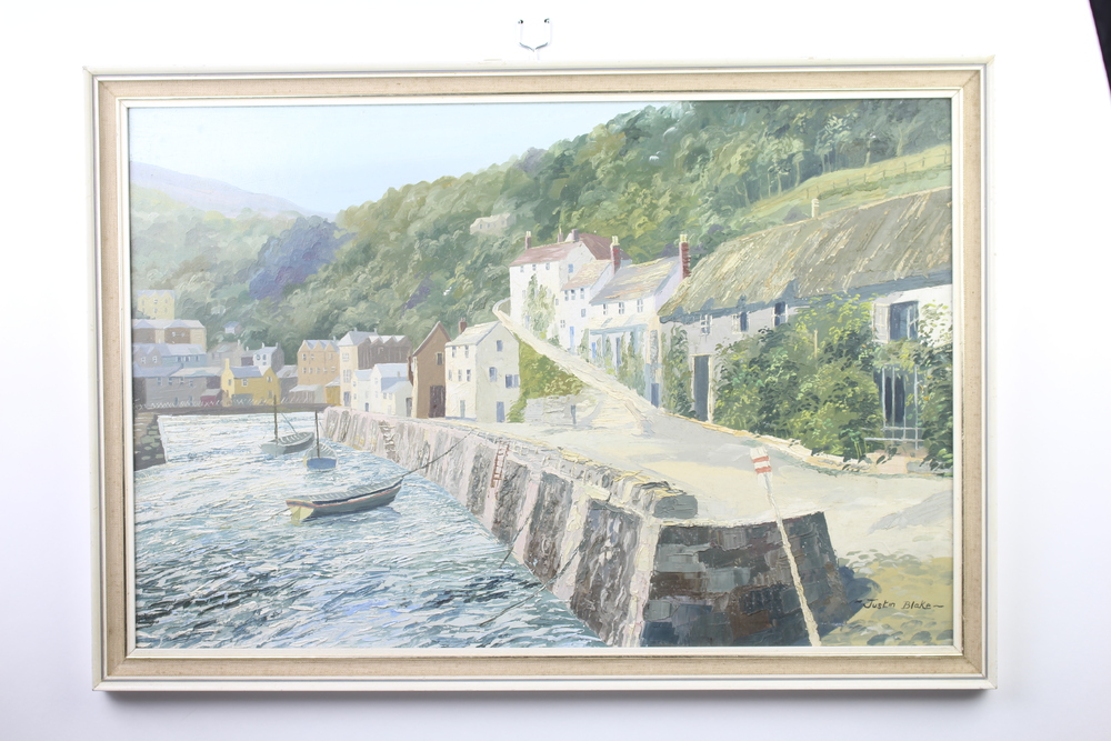 Justin Blake, oil on board signed, study of Lynmouth Harbour 39cm x 59cm - Image 2 of 2