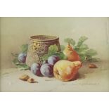 Edwardian watercolour indistinctly signed, still life study of fruit before a copper pot 23cm x 33cm