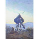 W Perry, watercolour, unsigned, a moonlit desert scene with camel and rider 37cm x 27cm