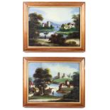 Edwardian reverse paintings on glass, a pair, river landscapes with figures and buildings