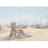 F B Tighe (1885-1926), watercolour, moored fishing boats on a beach 23cm x 32cm