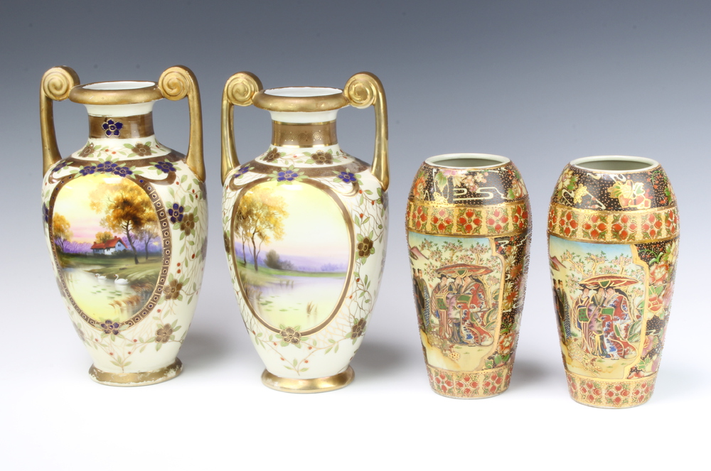 A pair of 2 handled Noritake vases with landscape views 28cm, a pair of Japanese oviform vases