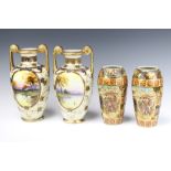 A pair of 2 handled Noritake vases with landscape views 28cm, a pair of Japanese oviform vases