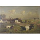Early 20th Century Continental oil on canvas, indistinctly signed, cattle before a farm 43cm x 63cm