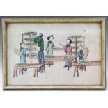 Six 19th Century Chinese watercolours on rice paper, figures at pursuits gathering crops 17cm x 27cm